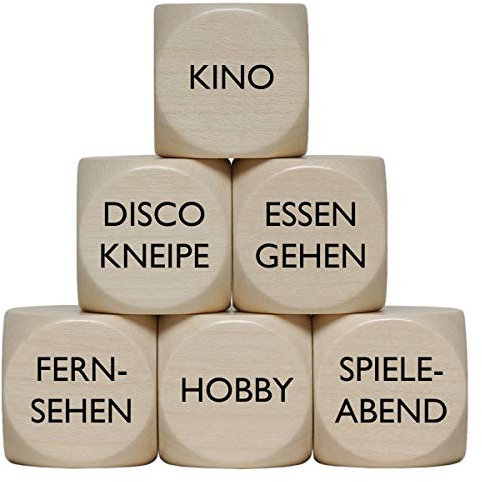 „was Machen wir?“ Entscheidungswürfel Hobby Freizeit Kino Fernsehen Essen gehen Disco Kneipe Spieleabend Holzwürfel 30 mm - 1 Stück