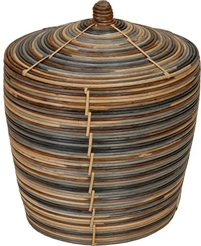 Mehrfarbiger Flechtkorb Deckelkorb Rattan, Aufbewahrungskorb aus Rattan mit Deckel Groß (L)