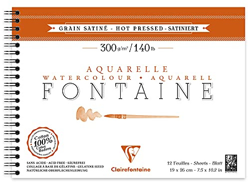 Clairefontaine - Ref 96352C - Fontaine Hot Pressed Watercolour Wirebound Pad (12 Sheets) - 19 x 26cm Size, 300gsm Paper - Suitable for Watercolour Artwork
