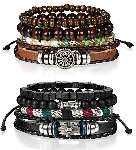OIDEA Unisex Leder Armband Set: 4 Stück Stapbar Punk Rock Geflochten Vintage Bohemian Retro Braun Schwarz Perlenarmband Lederarmband Geschenk für Herren Damen