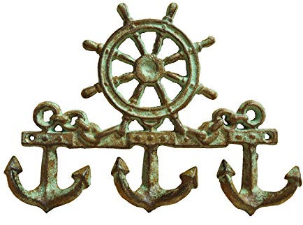 Maritime Hakenleiste Steuerrad & Anker 23 x 17cm Gusseisen Handtuchhaken Schlüsselhaken(GR)