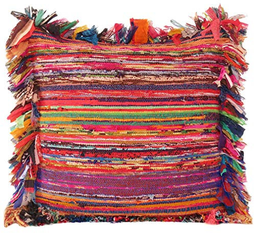 Eyes of India - Farbiges Chindi Fleckerlteppich Sofa Kissenbezug Schutzhülle Bunt Dekorativer Überwurf Bohemian Akzent Indisch Boho Chic Handgefertigt Abdeckung - Orange, 20 X 20 in. (50 X 50 cm)