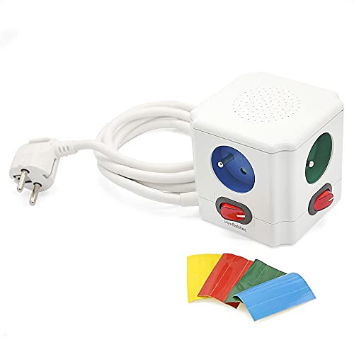 FISHTEC Cube Multiprise Electrique 4 Prises Couleur avec Interrupteur Individuel pour Chaque Sortie - 12 Stickers Inclus - Cable 1.5m - Normes NF - 9CM - Blanc