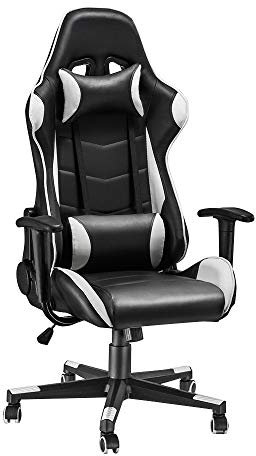 Gaming Chair, Racing Style Office High Back Ergonomic Conference Work Chair Reclining Computer PC Swivel Desk Chair with Headrest&Lumbar Cushion 170 Degree Reclining Angle (White)