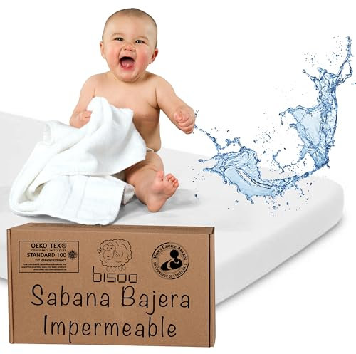 Bisoo Sabanas Bajeras Cuna Algodon Impermeables - Protector Colchon con Capa de Jersey Certificado Oeko-Tex - para Bebe - Ajustable Blanca 120x60 cm