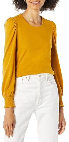 Amazon Essentials Women's Long-Sleeve Crewneck Smocked Cuff T-Shirt, Tobacco Brown, M