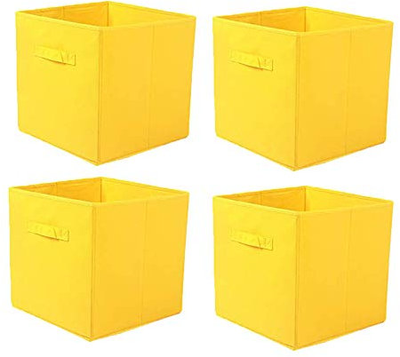 JaHECOME Set of 4 Fabric Storage Boxes Yellow Foldable Cube Storage Boxes Storage Bins Organizer Basket with Handles for Drawers Shelves in Bedroom, Nursery Office, Playroom (YELLOW)