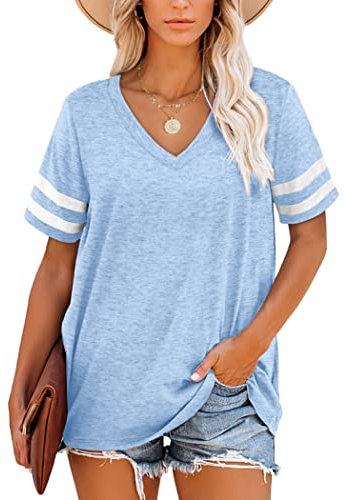 MOLERANI T Shirts for Women Short Sleeve V Neck Oversize Summer Tops Casual Loose Tee Sky Blue Size 22-24