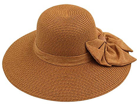 Sombrero de Paja de Verano para Mujer, Pamela de Playa y Sol de ala Ancha, Sombrero de Lazo Plegable y Flexible (Marrón, 56cm)