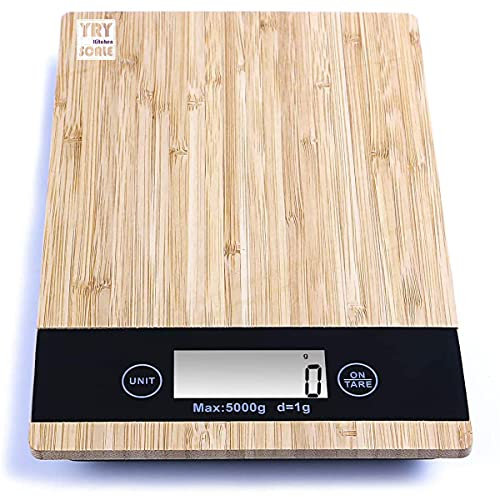 YRY Organical Bamboo Kitchen Scale - 11 lbs Capacity, 0.1 oz Precision, LCD Display, Tare Function, ML Unit - Cooking and Baking Food Scale (Yellow Bamboo 5kg/1g)