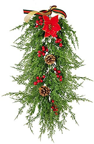Künstliche Weihnachts-Kiefernnadel-Girlande mit rotem Beerenzweig Tannenzapfen Weihnachtsstern Blumen Winter-Zeder-Grün-Rattan-Hängendekor für Feiertags-Kamin-Haustür-Dekor (A-Kiefernnadel)