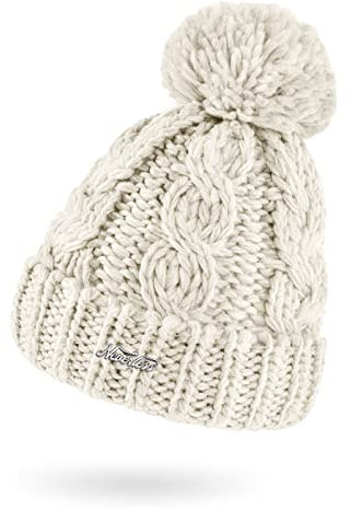 Neverless® Damen Mütze Grobstrick Strick-Bommel Pudelmütze Zopfstrickmuster Wintermütze Umschlag Creme Unisize