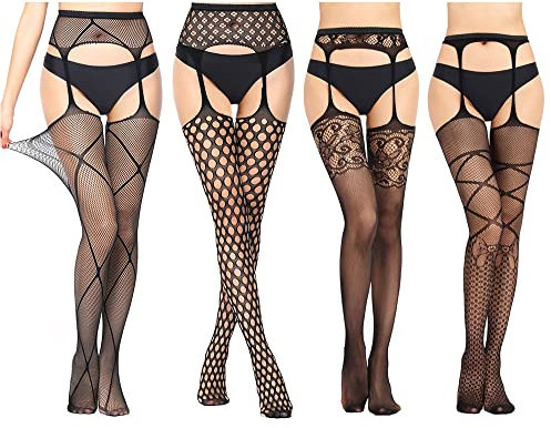HSAJS 4 Paia Calze a Rete,Calze per Reggicalze da Donna,Sexy Moda Elastico Vita Alta Collant,Collant Donna Elastici in Pizzo,Calze a Rete Altezza Coscia con Banda Superiore (2)