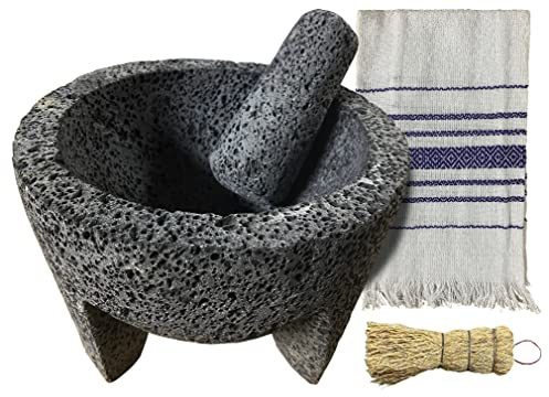 Coladera Mexican Stone Molcajete de Piedra Set for Guacamole with Traditional Handkerchief and Cleaning Broom Volcanic Lava Rock Original Mortar and Pestle Seasoning and Curado Instructions Included