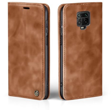 LBH Handyhülle für Xiaomi Redmi Note 9 Pro in Hellbraun mit Karten- und Geldfach Smartphone Hülle mit Standfunktion Flip Case Schutzhülle Magnetverschluss Vintage