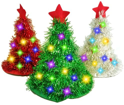 BUNVICK Mehrteiliges Weihnachtsmützen-Set mit 30 bunten LED-Lichtern, dekorative Weihnachtsbaummütze für Erwachsene und Kinder (3-teiliges Set)