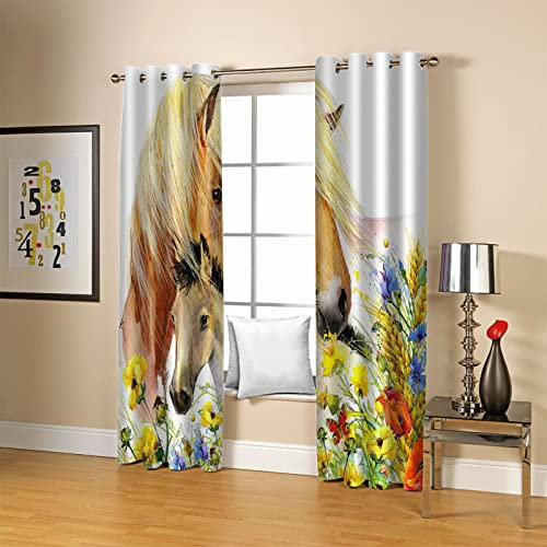 Kinder Gardinen Kinderzimmer Junge Mädchen Blickdicht Aquarell Blumen Tier Pferd 280X260Cm 2Er Set Verdunkelungsvorhang Thermovorhang Hitzeschutz Vorhänge Wohnzimmer Schlafzimmer Vorhänge Mit Ösen