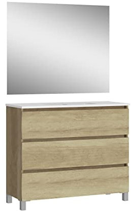 Baikal, Conjunto de baño Natura. Mueble de Baño de Fondo Reducido, con Lavabo cerámico. Distribución Tres Cajones. Mueble MONTADO. Tres Cajones con Espejo. Fondo 39cm 90 cm Nature