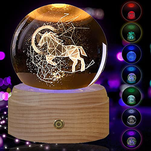 Bola de Cristal Caja de Musica - Recargable LED Multicolor Luz Nocturna Infantile Centro de Mesa Decorativo Salon, Adornos Cristal Base de Madera Regalo para Navidad Cumpleaños
