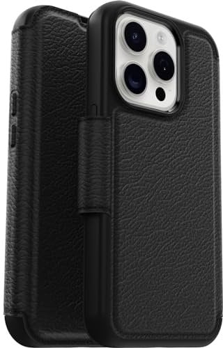 OtterBox Strada Hülle für iPhone 15 Pro für MagSafe, stoßfest, sturzsicher,Premium Lederfolio mit Zwei Kartenhaltern, 3X getestet nach Militärstandard, Schwarz
