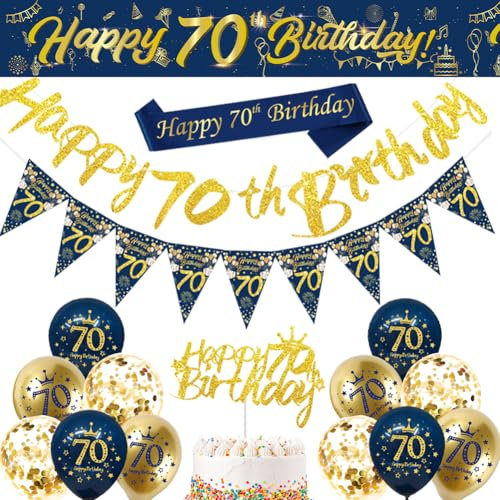 Blue Gold Happy 70th Birthday Banner, Balloons, Bunting Flags, Sash, Cake Toppers for Men & Women's 70th Party Supplies
