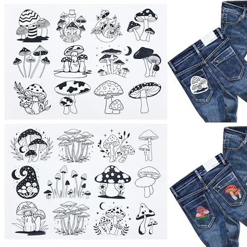 Yayatty 24 Stück Stickvorlagen Stickvlies Wasserlöslich Selbstklebend Pilz Stickaufkleber Stickvorlagen Wasserlöslich für Stickereianfänger Handnähen DIY Kleidung Rucksack Hüte