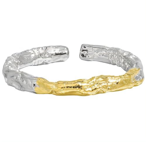 NicoWerk Damen Silberring gehämmert aus 925 Sterling Silber Vergoldet Schmal Rustikal mit Struktur Glänzend Verstellbar Offen SRI980