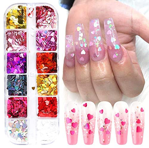 Heart Nail Art Stickers Glitter Decal Heart Nail Charms Valentines Nail Decals CHANGAR Love Nail Glitter Sequins Valentine Heart Acrylic Nails Design Heart Glitter for Nail Art