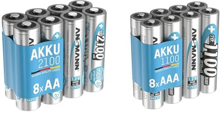ANSMANN Akku AA Mignon 2100mAh 1,2V NiMH & Akku AAA Typ 1100 mAh (min. 1050 mAh) NiMH 1,2 V (8 Stück)
