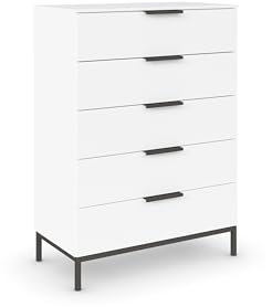 Rauch Möbel Flipp, Hochkommode mit viel Stauraum für Flur, Wohnzimmer, Schlafzimmer, mit Metallkufe graphit, Alpinweiß, 5 Schubkästen, Griffe graphit, 80x111x42cm