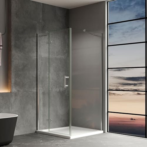 IMPTS Duschkabine Eckeinstieg mit Diagonalen Sicherheitsstange 80x90x195 cm, Duschabtrennung mit Falttür Rahmenlos Eckdusche Duschtür Scharniertür Glas, ohne Duschtasse & Ablauf