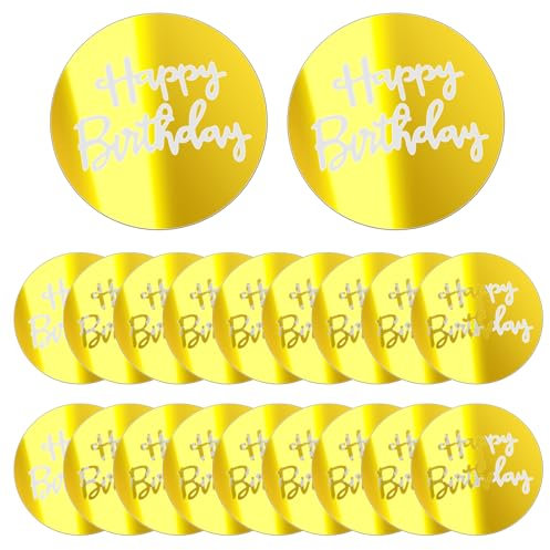 20 Stück Happy Birthday Cake Topper Acryl, Mini-Spiegel-Cupcake-Topper Runder Acryl-Kuchenaufsatz Personalisierbar für Geburtstagsparty Cupcake-Kuchenaufsatz DIY-Dekorationen (Gold)