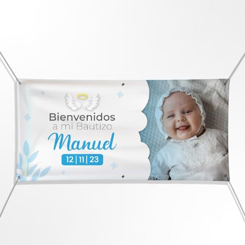 Cartel Personalizado para Bautizo con Foto, Nombre y Fecha en 21 Tamaños – Ideal como Pancarta Personalizada con Lona Impresión UV - Banner o Photocall para Decoración Bautizo Niño o Niña (Blanca)