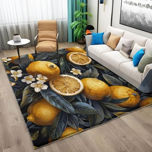 Generic Bunt Waschbarer Teppich Wohnzimmer 120x170cm Teppich Schlafzimmer Pflanzenblätter Zitrone Kurzflor Teppich Rechteck Weiche Teppich für Schlafzimmer rutschfest Teppich Flauschiger Teppich