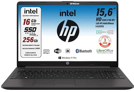 HP 250 G9 Computer portatile 39,6 cm (15.6) 1366 x 768 Pixel Intel N4500 16Gb DDR4-SDRAM 256Gb SSD Wi-Fi, Win 11 Pro, Libre Office preconfigurato