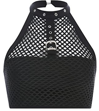 XKBHYD Punk Metal Mesh Tank Tops Women Dark Goth Crop Tops Backless Sexy Grunge Shirt Sleeveless Y2K Emo Dance Tops Black