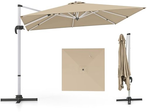 COSTWAY Sombrilla Terraza Exterior rectangular con Base 3x3m, Parasol Jardin Excentrico, Rotación de 360°, Inclinación Ajustable, Guarda Sol Jardin Exterior, Manivela y Base en Cruz (beige)