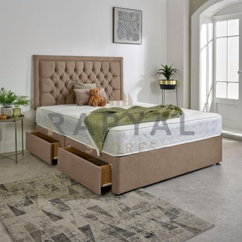 Hf4you Luxury Divan Bed Set in Plush with Chesterfield Bumper Headboard and Memory Sprung Mattress (Beige, 4ft6, 4 Drawers)