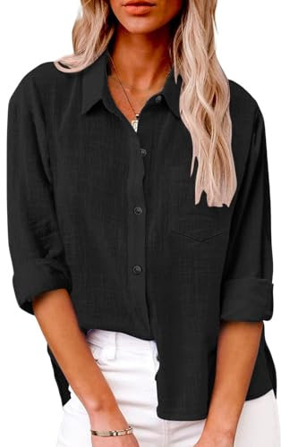 Friptspyg Women's Blouses Shirts 100% Cotton Long Sleeve Botton Down Shirts for Women UK, Black XL