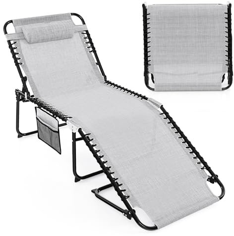 KOMFOTTEU Faltbare Sonnenliege mit Seitentasche & Kopfstütze, Strandliege mit Verstellbarer Rückenlehne, Gartenliege bis 200 kg, Relaxliege Liegestuhl für Pool, Garten (Grau)