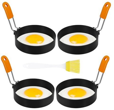 Lvefyti 4 Stück 3,9 Zoll Groß Eierringe Edelstahl Eier Maker, Spiegeleiform Ei Ring, Antihaft Eierformer für Bratpfanne Egg Ring Runde Pfannkuchen/Omeletts mit Silikon Klappgriffen und Ölpinsel
