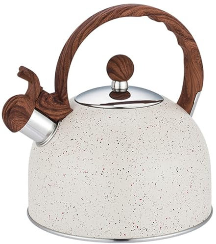 Whistling Tea Kettle 2.5l Stainless Steel Kettle Stovetop with Insulated Folding Wood Handle Tea Kettle for Stove Top Fast Heating Teapot for Stovetop for Coffee, Tea, Milk White.