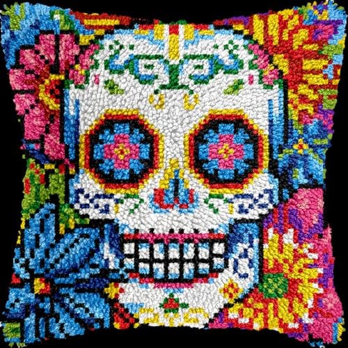 Kitquiver Diy Knüpfkissen Mit Vordruck Farbiger Totenkopf Diy Knüpfhaken Kits Kissenbezug Sticken, Stricken, Geschenk Für Erwachsene/Anfänger 17x17in