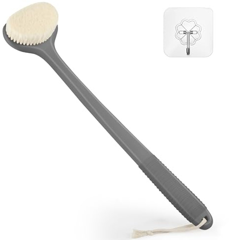 VANZAVANZU Limpiador de espalda para ducha, cepillo de baño con mango antideslizante de 43 cm de largo, cepillo corporal húmedo y seco para limpieza corporal, Gris