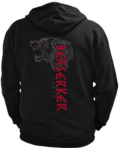 North Legendary - Herren Sweatjacke mit Kapuze - Berserker Bär Krieger Rücken Aufdruck - nordische Wikinger Walhalla Zipper, Valhalla Viking, Größe:L, Farbe:Blutrot