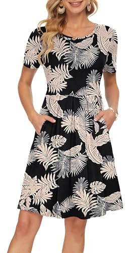 AUSELILY Damen Kurzarm Plissee Loose Swing Freizeitkleid mit knielangen Taschen Tropischer Regenwald M