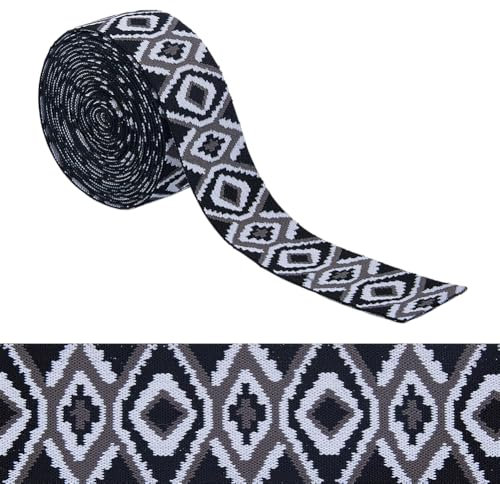 Hobbspring 5 Yards Elastisches Jacquard-Band 48mm breite Boho Spitzenverzierungen Besatz Mit Ethnischen Bestickten Bändern Mit Schwarz Weißem Rautenmuster Für Kleidungsaccessoires