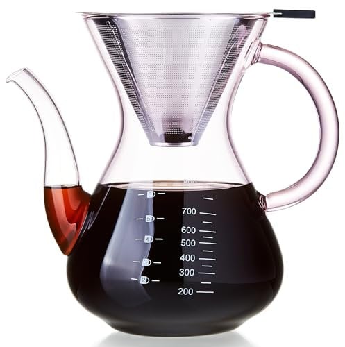 MESNEY Pour Over Coffee Maker, 800ml Heat-Resistant Borosilicate Glass, Coffee Pour Over with Stainless Steel Filter, Eco-Friendly Reusable Glass Pot for Home & Office,Pink