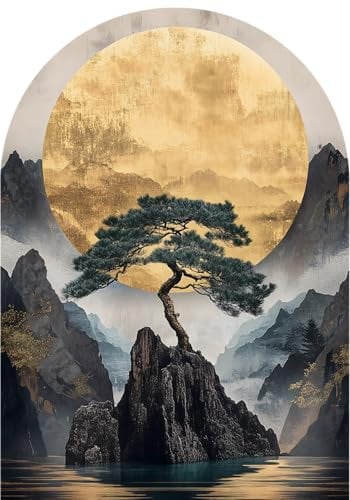 STYLER Glasbild Sato 70x100 cm – Erhabener Bonsai vor goldener Sonne – Japanisches Landschaftsbild im eleganten Bogen-Design