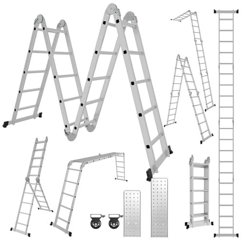 Ollewiellan Mehrzweckleiter 7 in 1 Multifunktionsleiter Alu Leiter 582cm 4x5 Stufen bis 150 kg mit 2 Gerüstplatten und Transport Rollen, Gelenkleiter Klappleiter Haushaltsleiter